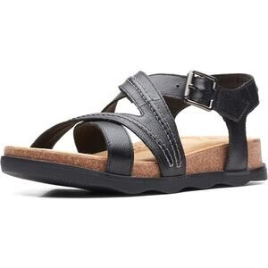 Clarks Women's Brynn Ave Flat Sandal (Size 9.5) Black Leather Buckled Sandals